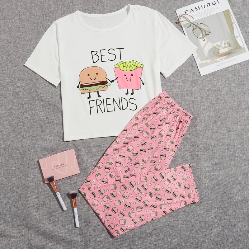 

Cartoon And Letter Graphic Pajama Set, Multicolor