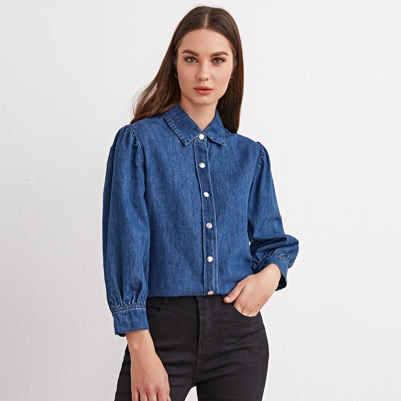 

Button Front Puff Sleeve Denim Top, Medium wash