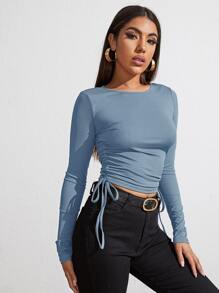 Drawstring Ruched Slim Tee - Dusty Blue - View 1