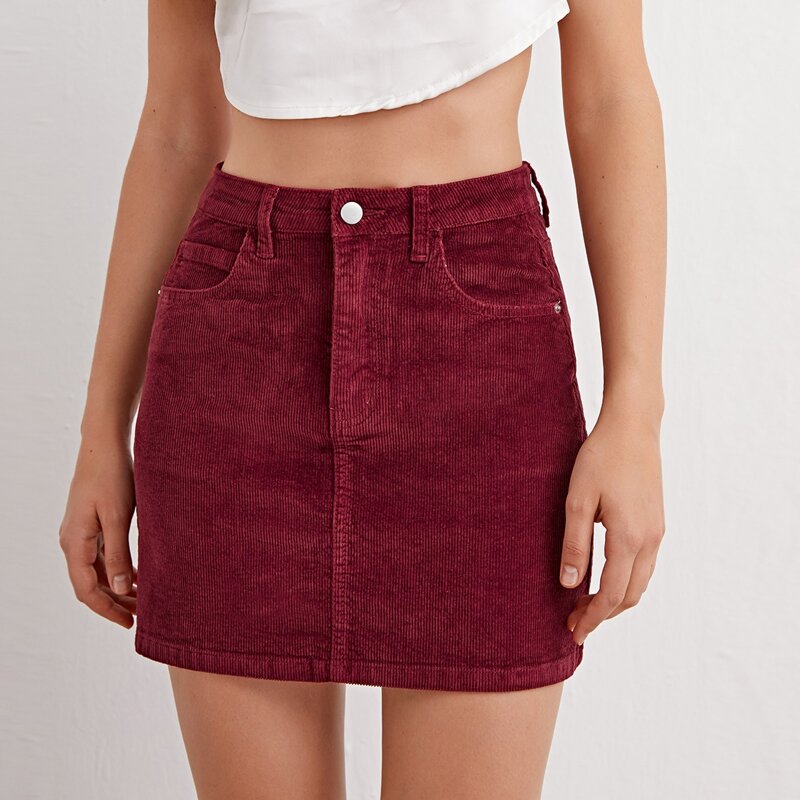 

High Waist Cord Straight Leg Skirt, Maroon