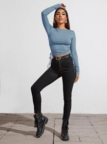Drawstring Ruched Slim Tee - Dusty Blue - View 3