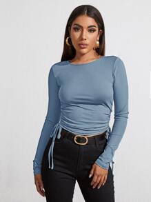 Drawstring Ruched Slim Tee - Dusty Blue - View 4