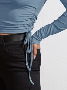 Drawstring Ruched Slim Tee - Dusty Blue - View 5