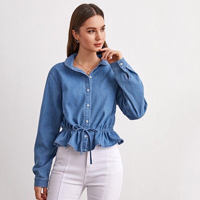

Button Front Drawstring Waist Denim Top, Light wash