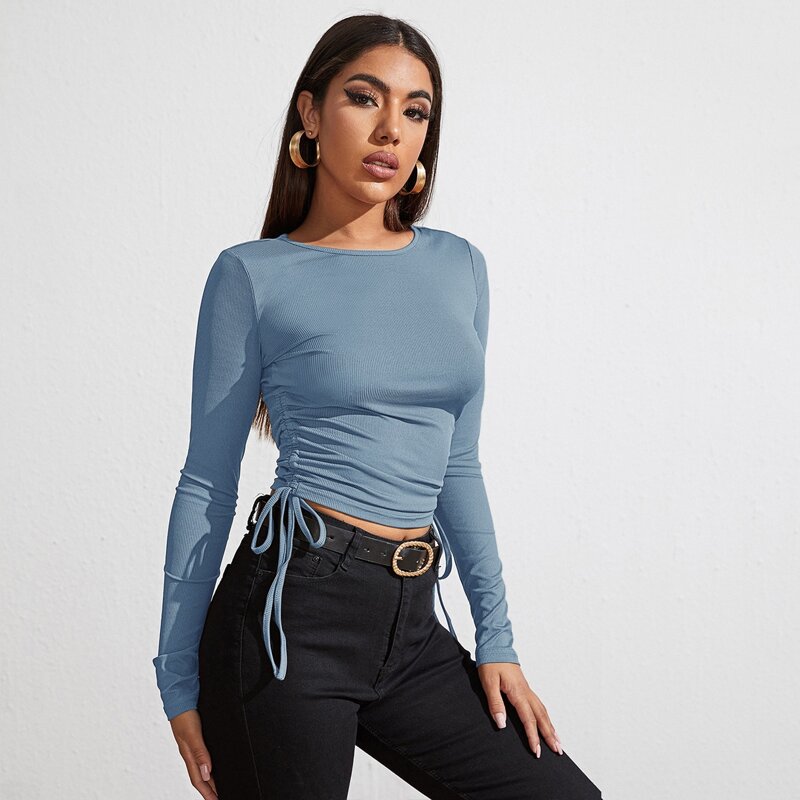 

Drawstring Ruched Slim Tee, Dusty blue