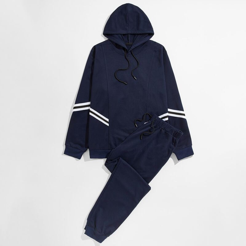 

Guys Stripe Tape Drawstring Hoodie & Sweatpants, Navy blue