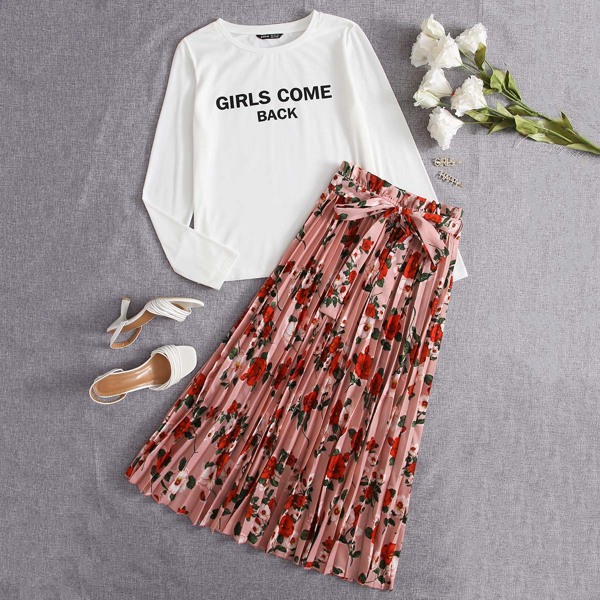 

Slogan Graphic Top & Belted Floral Print Pleated Skirt Set, Multicolor
