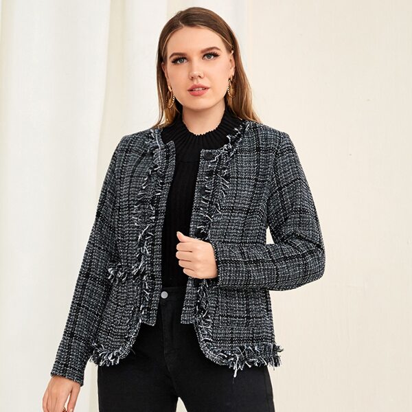 

Plus Fringe Trim Plaid Tweed Jacket, Black
