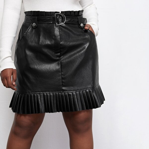 

Plus PU Leather Pleated Hem Belted Skirt, Black