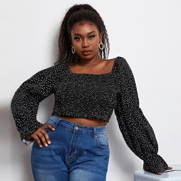 

Plus Square Neck Polka Dot Shirred Top, Black