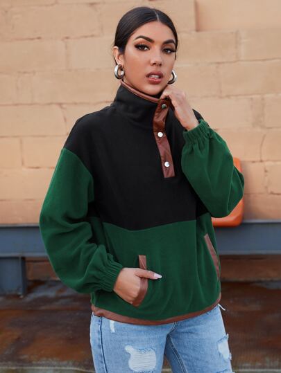 Button Half Placket Drop Shoulder Colorblock Sweatshirt