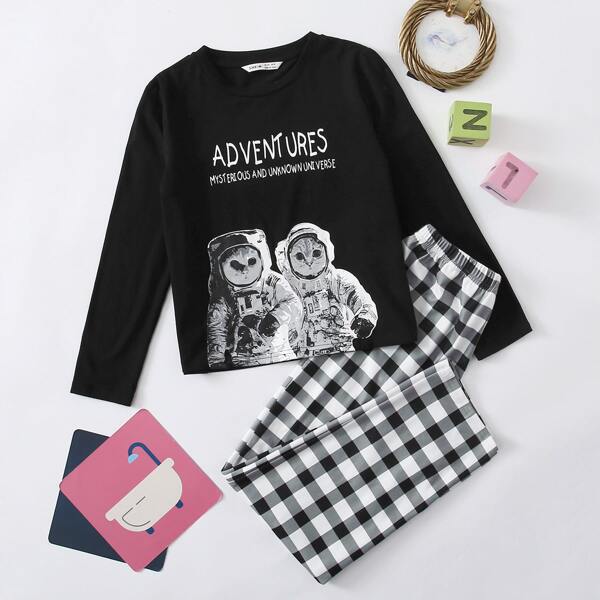 

Girls Letter & Cartoon Graphic Top and Buffalo Plaid Pants PJ Set, Black and white