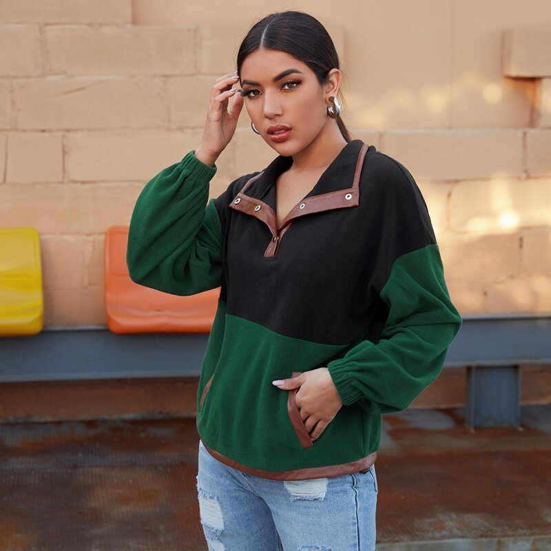 

Button Half Placket Drop Shoulder Colorblock Sweatshirt, Multicolor