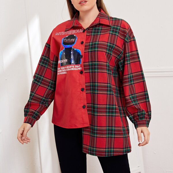 

Plus Slogan & Figure Graphic Asymmetrical Hem Plaid Blouse, Red