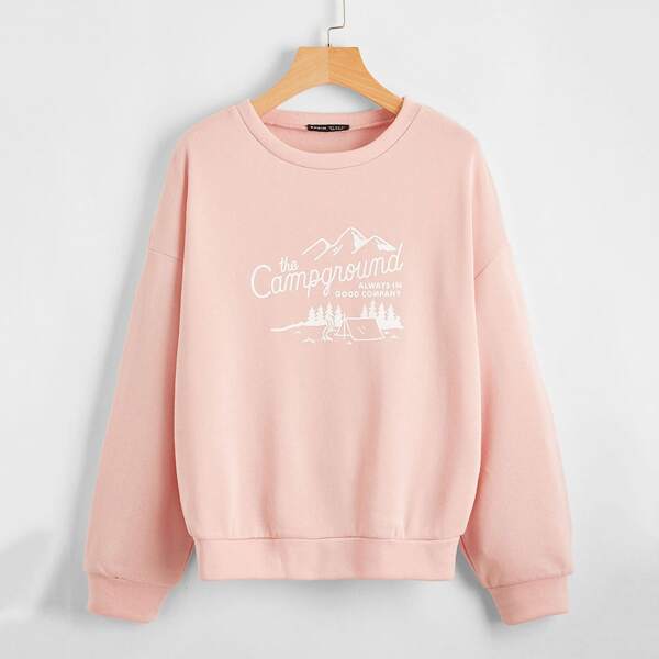

Tree & Slogan Graphic Drop Shoulder Sweatshirt, Baby pink