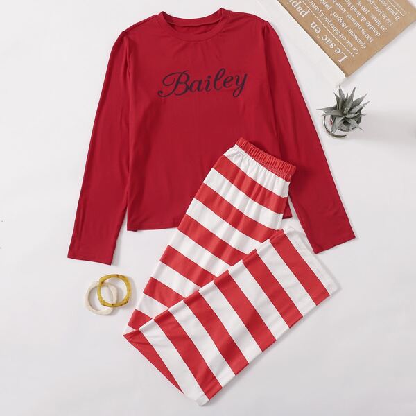 

Letter Graphic Tee With Striped Pants Pajama Set, Red and white