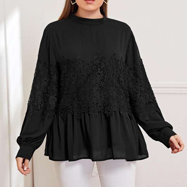 

Plus Bishop Sleeve Applique Detail Top, Black