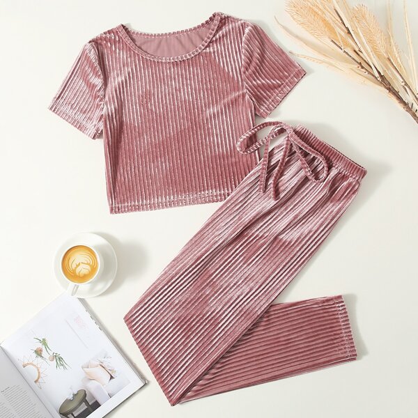

Velvet Tie Front Solid Lounge Set, Dusty pink