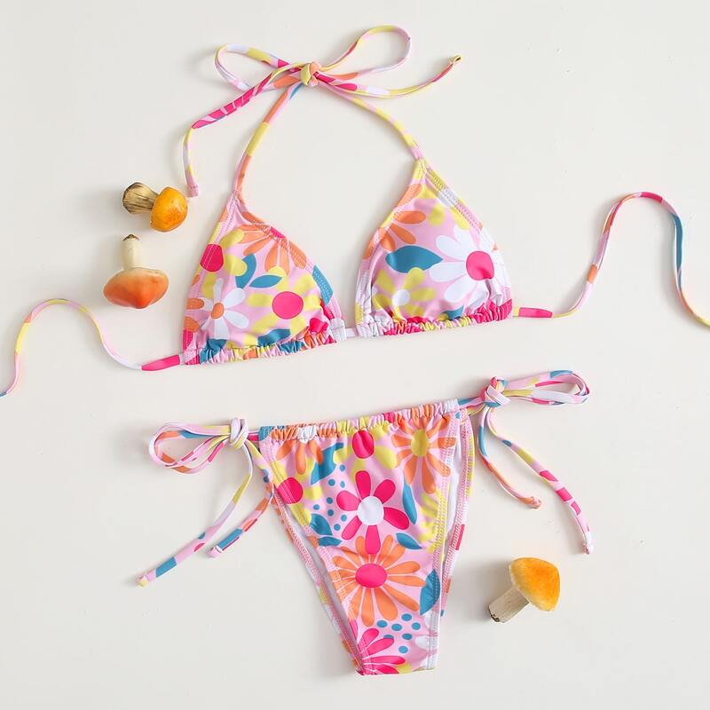 

Floral Halter Tie Side Bikini Swimsuit, Multicolor