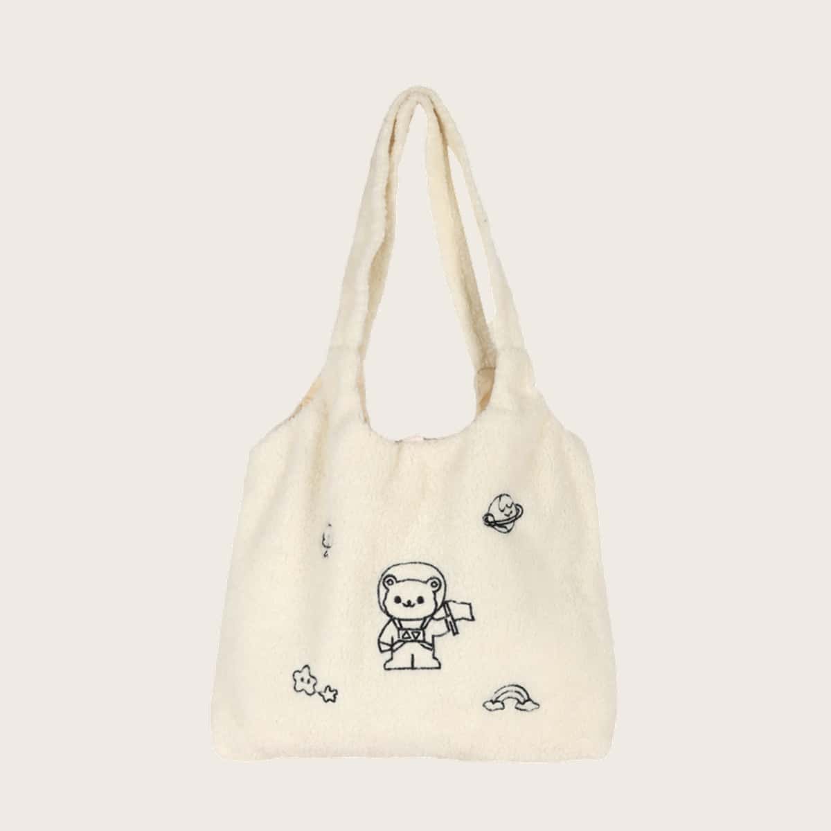 

Cartoon Bear Fluffy Tote Bag, White