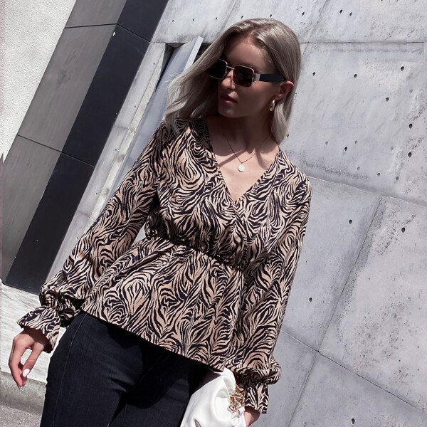 

Bell Sleeve Zebra Striped Peplum Top, Multicolor
