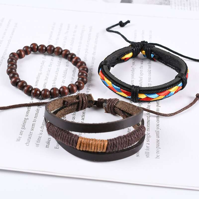 

Guys 3pcs Beaded Faux Leather Bracelet, Multicolor