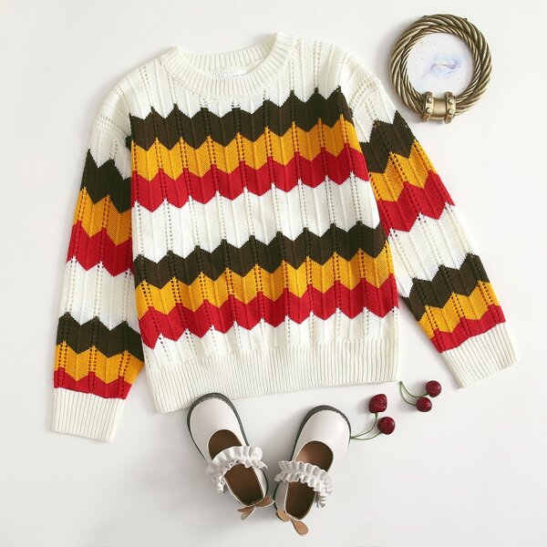 

Girls Chevron Pattern Pointelle Knit Sweater, Multicolor