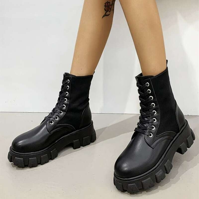 

Lace-up Platform Combat Boots, Black