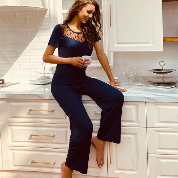 

Galaxy Pattern Lace Insert Lounge Set, Navy blue