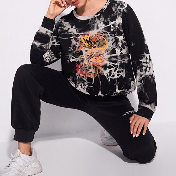 

Chinese Dragon & Letter Graphic Marble Pullover, Black and white