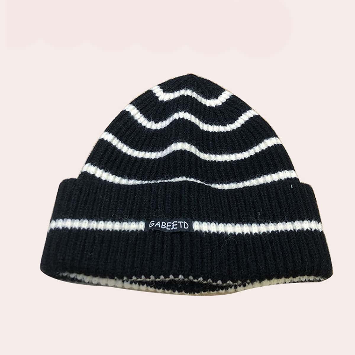 

Stripe Knit Cuffed Beanie, Black