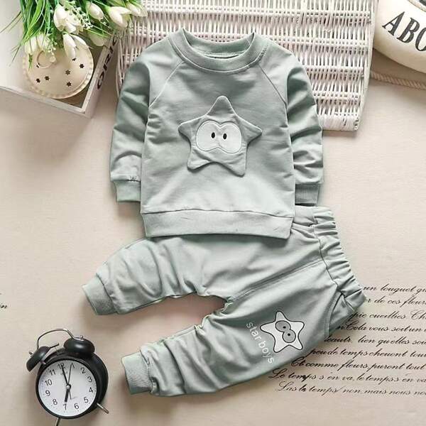 

Toddler Boys Cartoon Patched Sweatshirt & Sweatpants, Mint green
