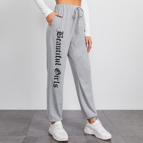 

Tie Waist Letter Graphic Sweatpants, Light grey