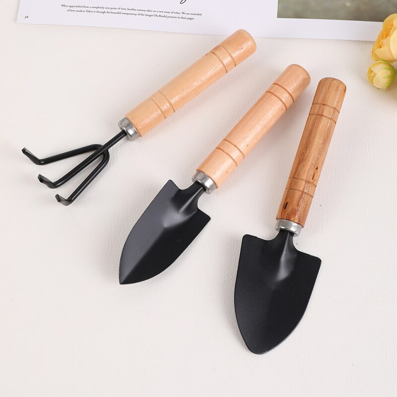 

3pcs Wooden Handle Gardening Shovel Set, Black