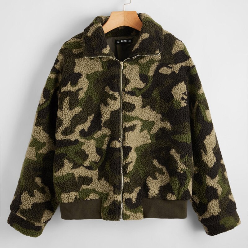 

Zipper Front Camo Teddy Jacket, Multicolor