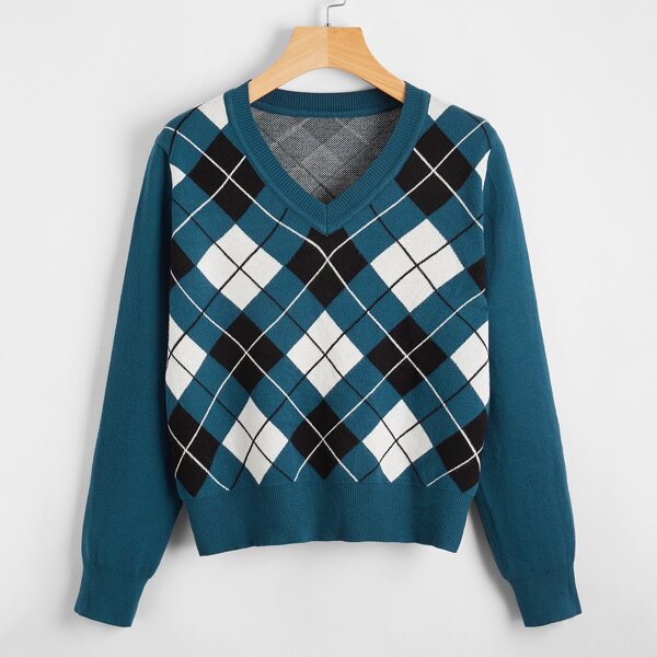 

V Neck Argyle Pattern Sweater, Teal blue
