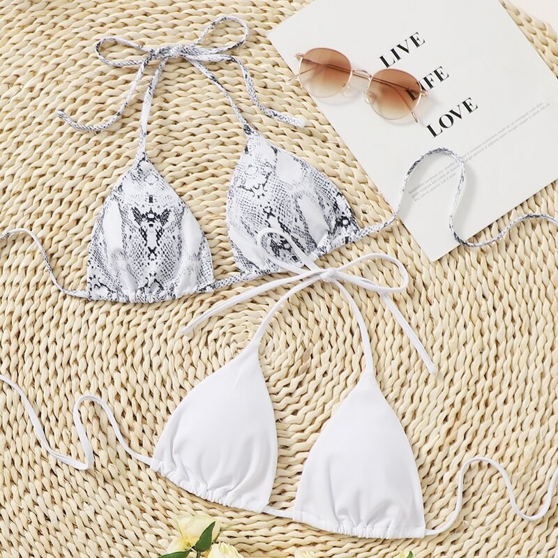 

2pack Snakeskin Print Halter Bikini Top, White