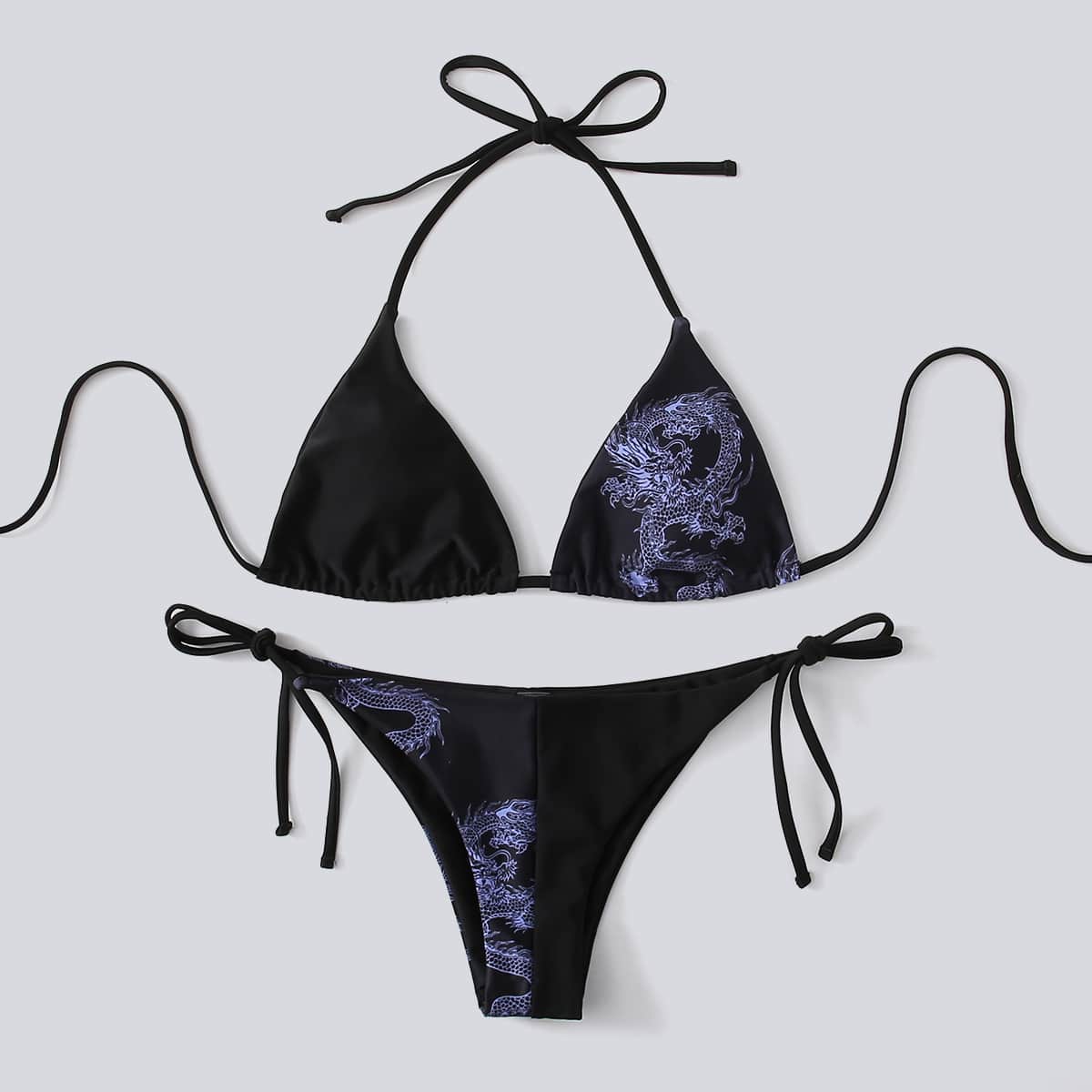 

Chinese Dragon Tie Side Bikini Swimsuit, Black