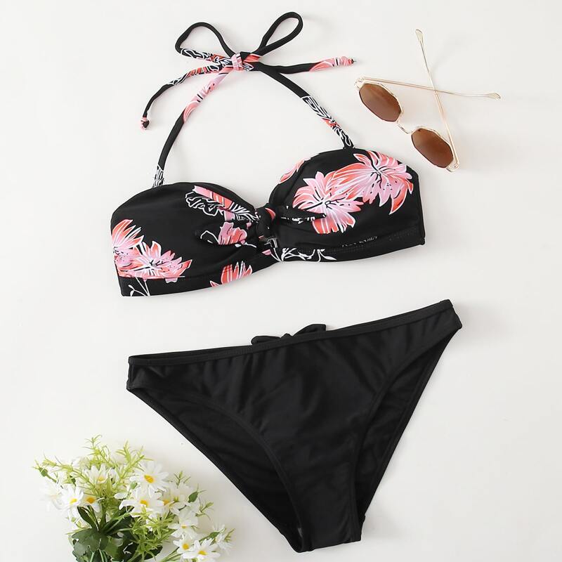 

Floral Knot Front Halter Bikini Swimsuit, Multicolor