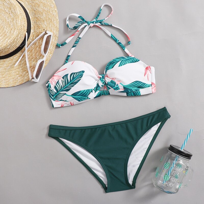 Leaf Print Knot Front Halter Bikini Swimsuit, Multicolor