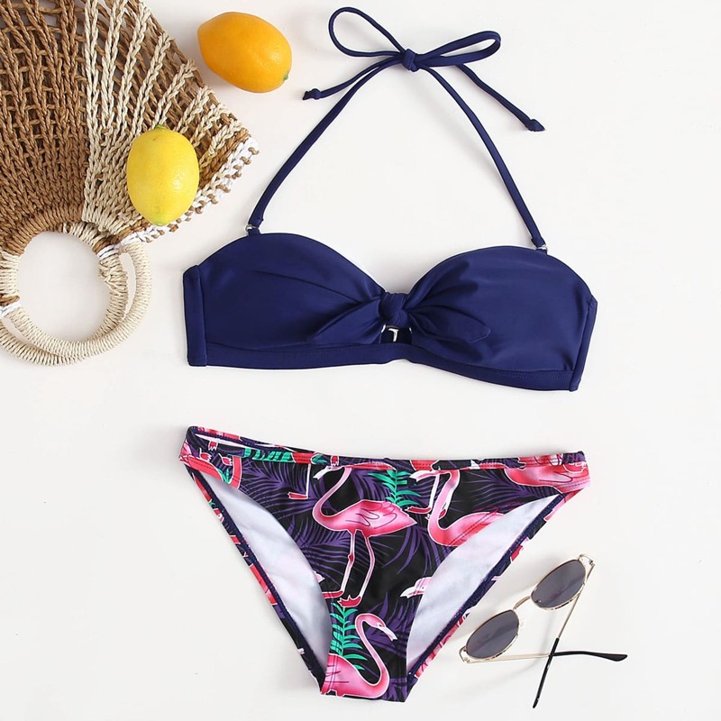 

Flamingo Print Halter Bikini Swimsuit, Multicolor