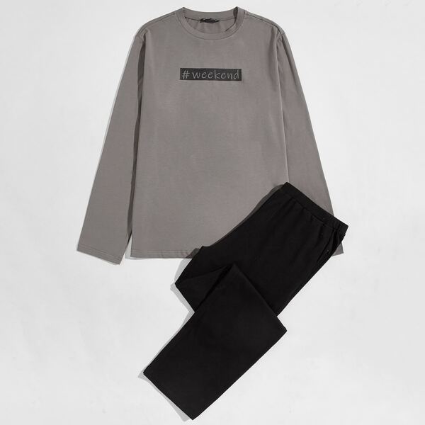 

Men Letter Graphic Tee and Slant Pocket Joggers PJ Set, Multicolor