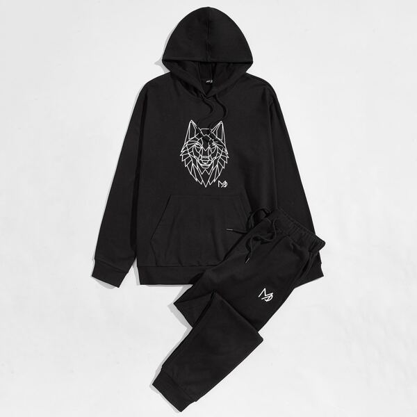 

Men Wolf Print Hoodie and Joggers Set, Black