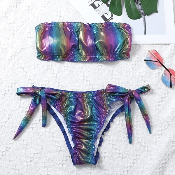 

Holographic Frill Trim Bandeau Bikini Swimsuit, Multicolor