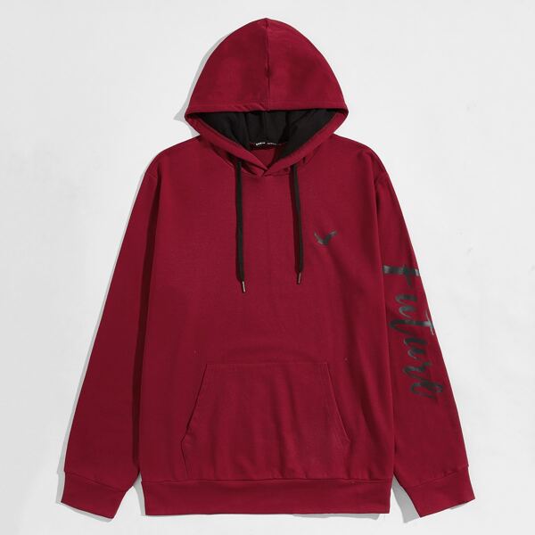

Men Letter Graphic Pocket Front Hoodie, Burgundy