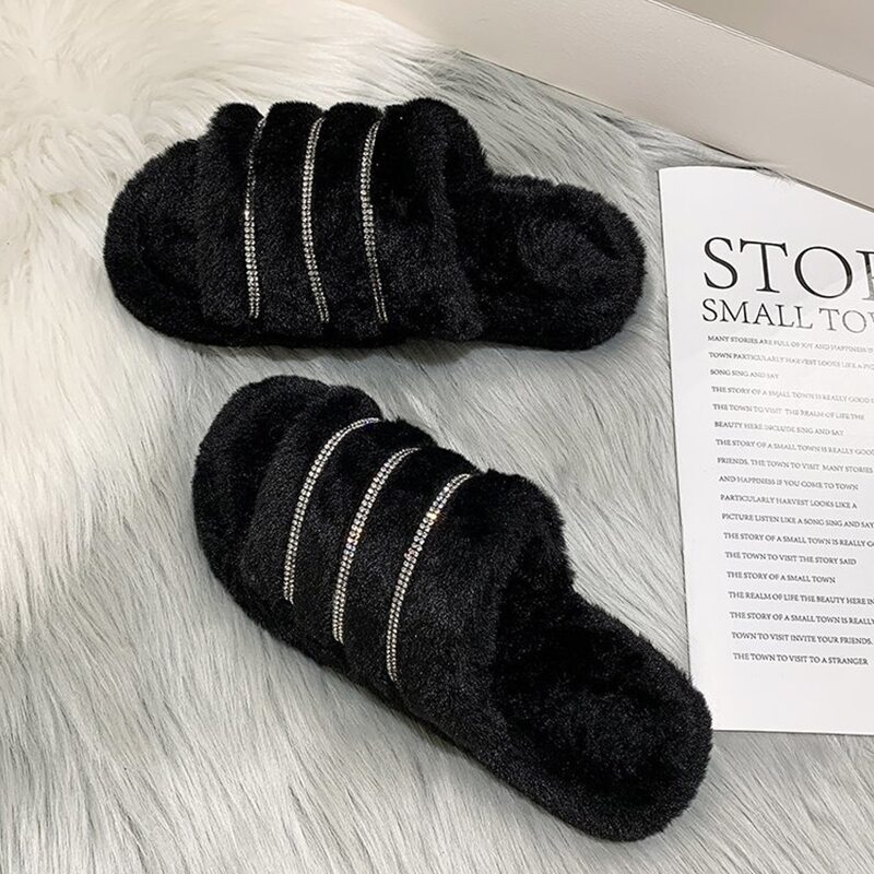 

Rhinestone Striped Fluffy Slippers, Black