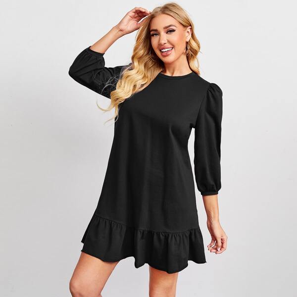 

Ruffle Hem Solid Sweatshirt Dress, Black