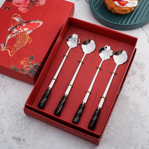 

4pcs 1 Box Flower Spoon Set, Black