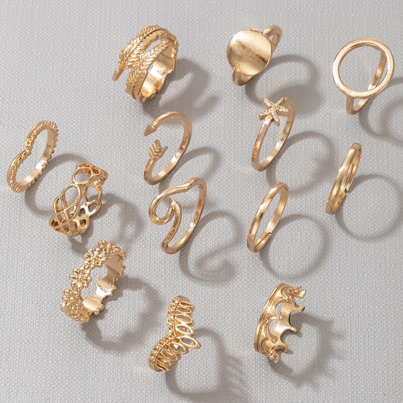 

13pcs Floral & Coin Ring, Gold