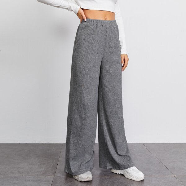 

Solid Rib-knit Wide Leg Pants, Dark grey
